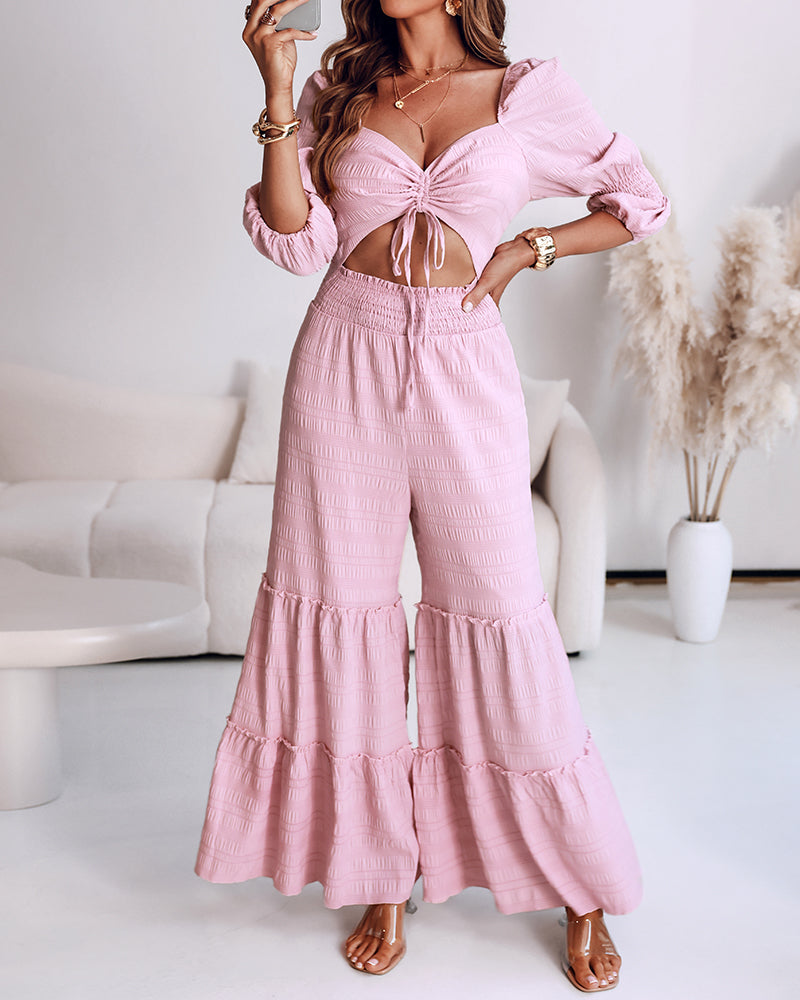 Sweetheart Neck Puff Sleeve Drawstring Front Shirred Overalls Casual Cutout Front Ruffle Hem Wide Leg Jumpsuit