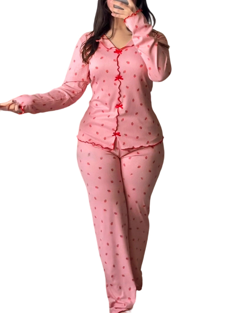 CHICME ESSENCE 2 Pieces Outfit Bowknot Decor Turn-down Collar V-Neck Top and Elastic Waist Slit Hem Pants Set Casual Strawberry Print Frill Trim Ribbed Pajamas Set