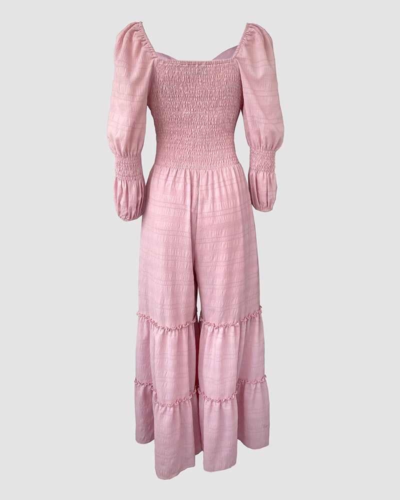Sweetheart Neck Puff Sleeve Drawstring Front Shirred Overalls Casual Cutout Front Ruffle Hem Wide Leg Jumpsuit