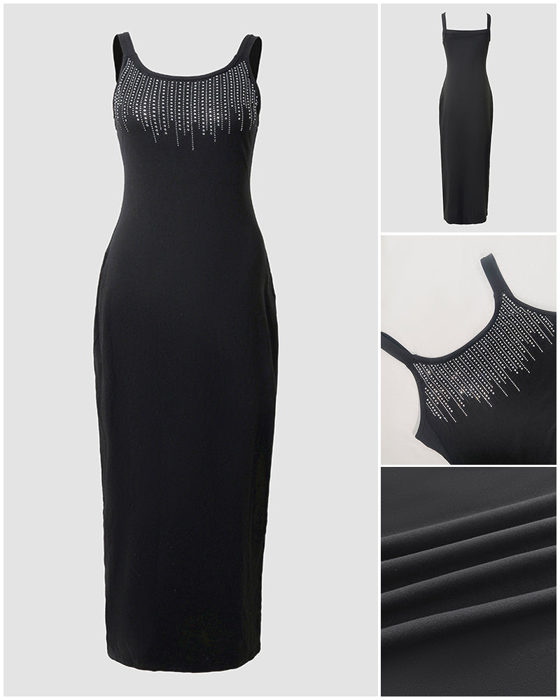 Women's Rhinestone U-Neck Maxi Dress Slim Fit Bodycon Sleeveless Long Knit Dress Elegant Evening Party Dress