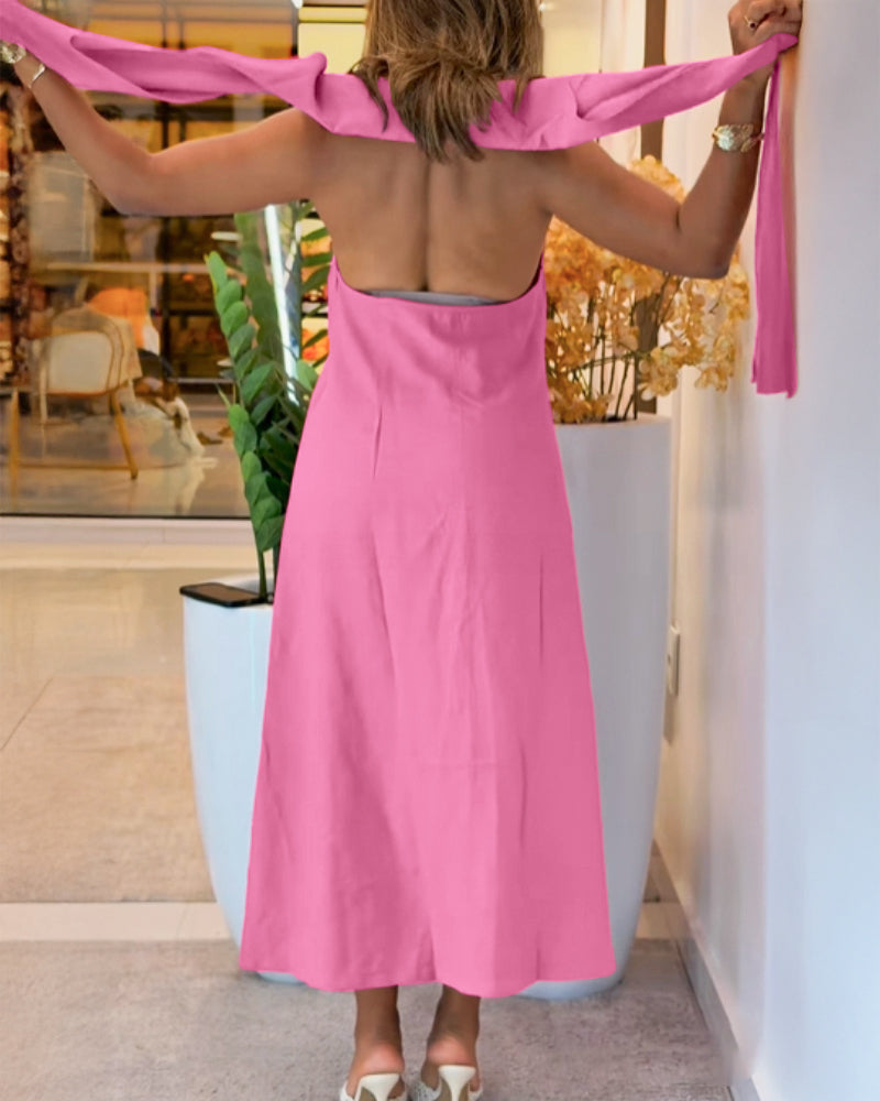 Turn-down Collar Sleeveless Button Front Shirt Dress Casual Open Back Tied Detail Commuting Dress