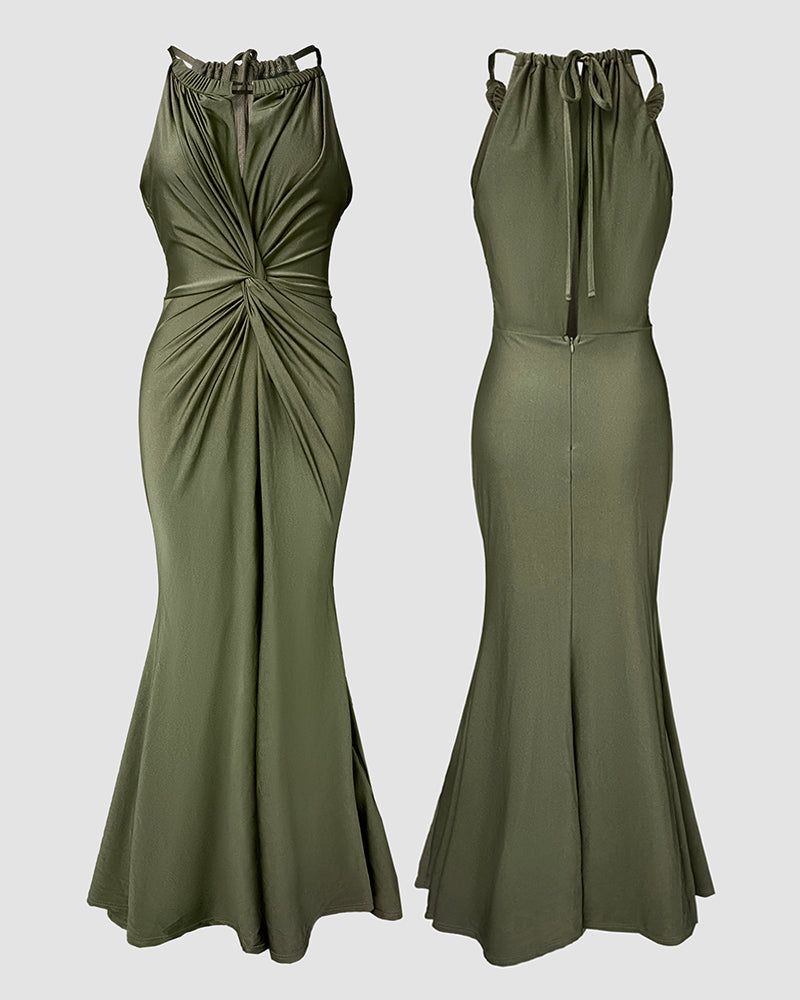 Women's Halter Tie Satin Maxi Dress Twist Front Cutout Backless Mermaid Cockail Dress Ruched Evening Party Dress