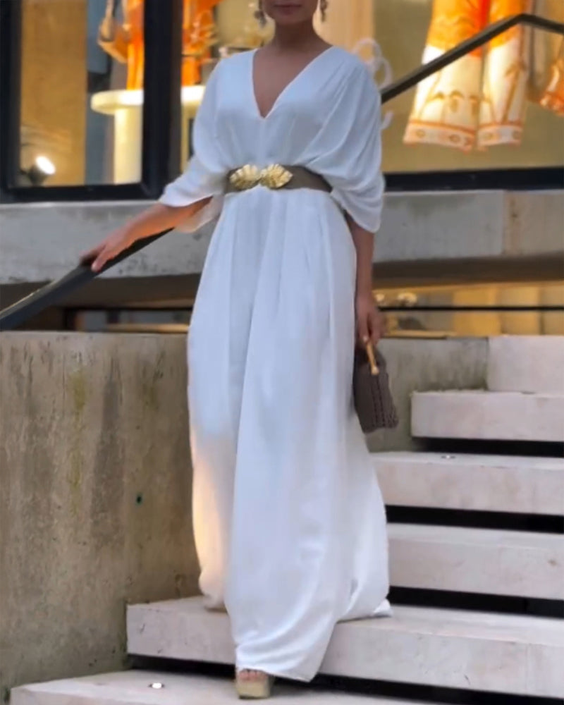 Deep V-Neck Ruched Three Quarters Sleeve Backless Overalls Casual Waist-Gathered Tied Detail Jumpsuit without Belt