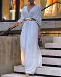 Deep V-Neck Ruched Three Quarters Sleeve Backless Overalls Casual Waist-Gathered Tied Detail Jumpsuit without Belt
