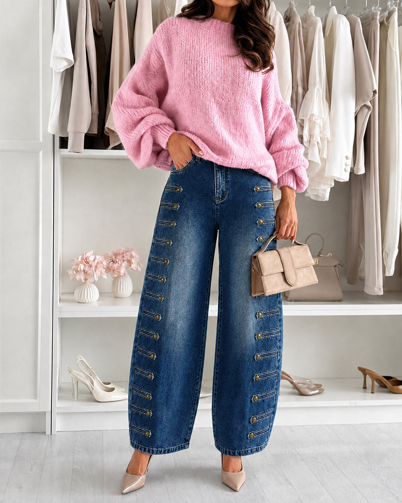Women's Wide Leg Jeans High Waisted Side Button Denim Pants Distressed Washed Trousers Retro Y2K Streetwear