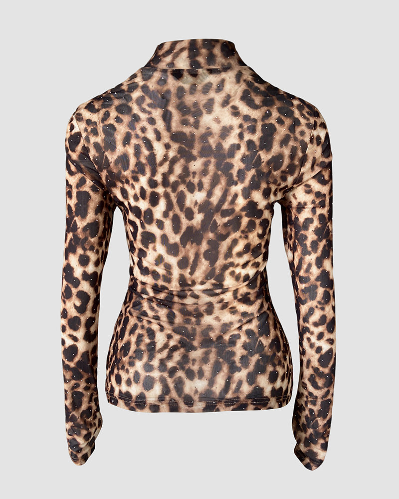 Rhinestone Decor Leopard Print Mock Neck Long Sleeve Tee Sexy Slim Fit Sheer Top