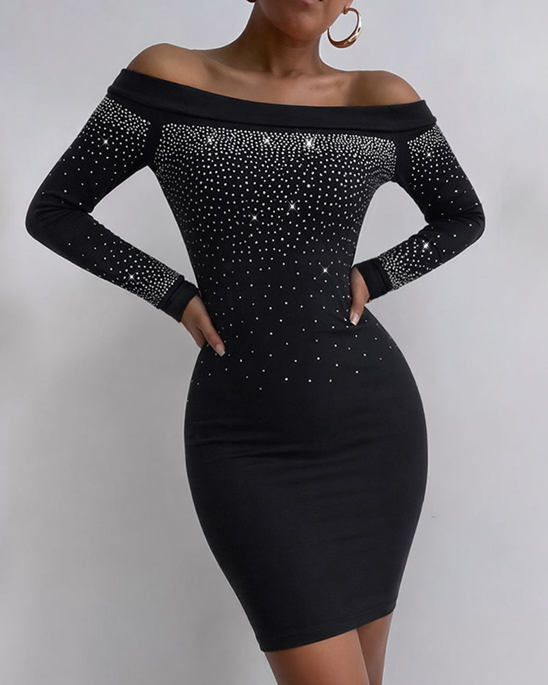 Women's Off-Shoulder Rhinestone Bodycon Mini Dress Long Sleeve Sparkling Party Gown High Waist Sexy Clubwear