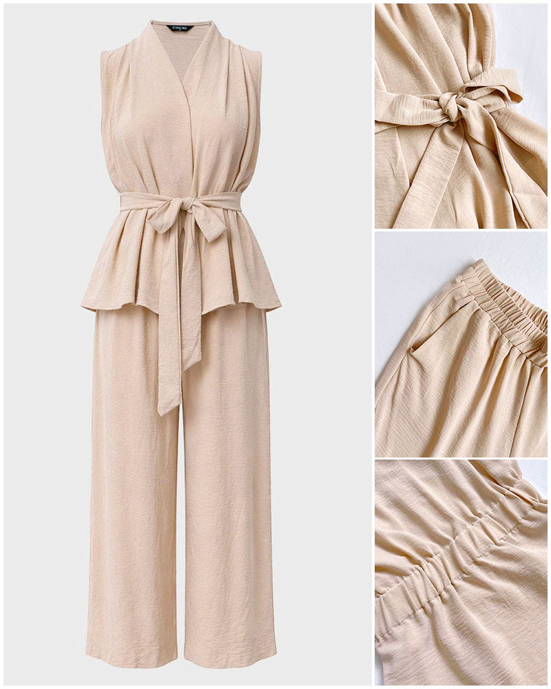 Women's 2 Piece Outfits V Neck Sleeveless Ruched Top and Wide Leg Pants Set Casual Commuting Set with Pockets