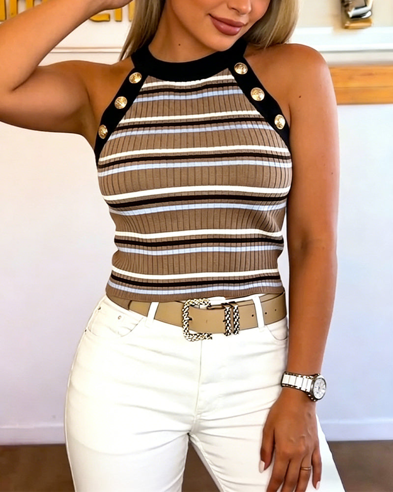 Women's French Retro Striped Halter Top Sleeveless Rib-Knit Tank with Gold Button Accents