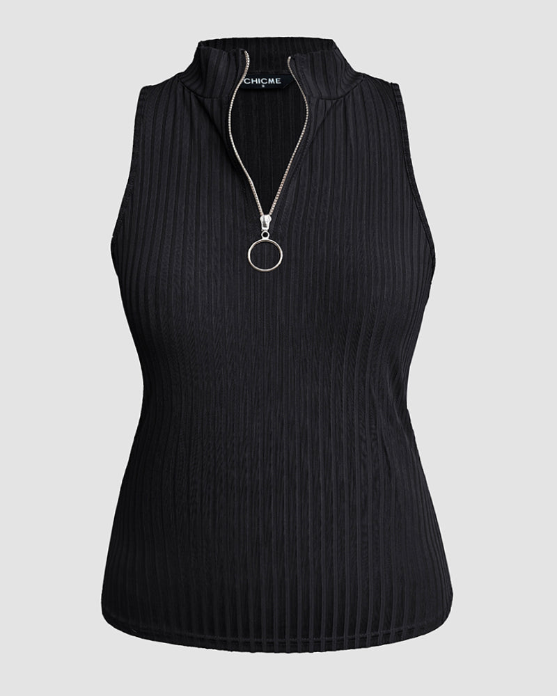 Ribbed O-Neck Slim Fit Zipper Thick Strap Mental O-ring Cinch Waist Tank Casual Top