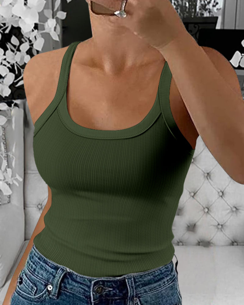 Scoop Neck Spaghetti Strap Ribbed Top Casual Sleeveless Slim Fit Tank