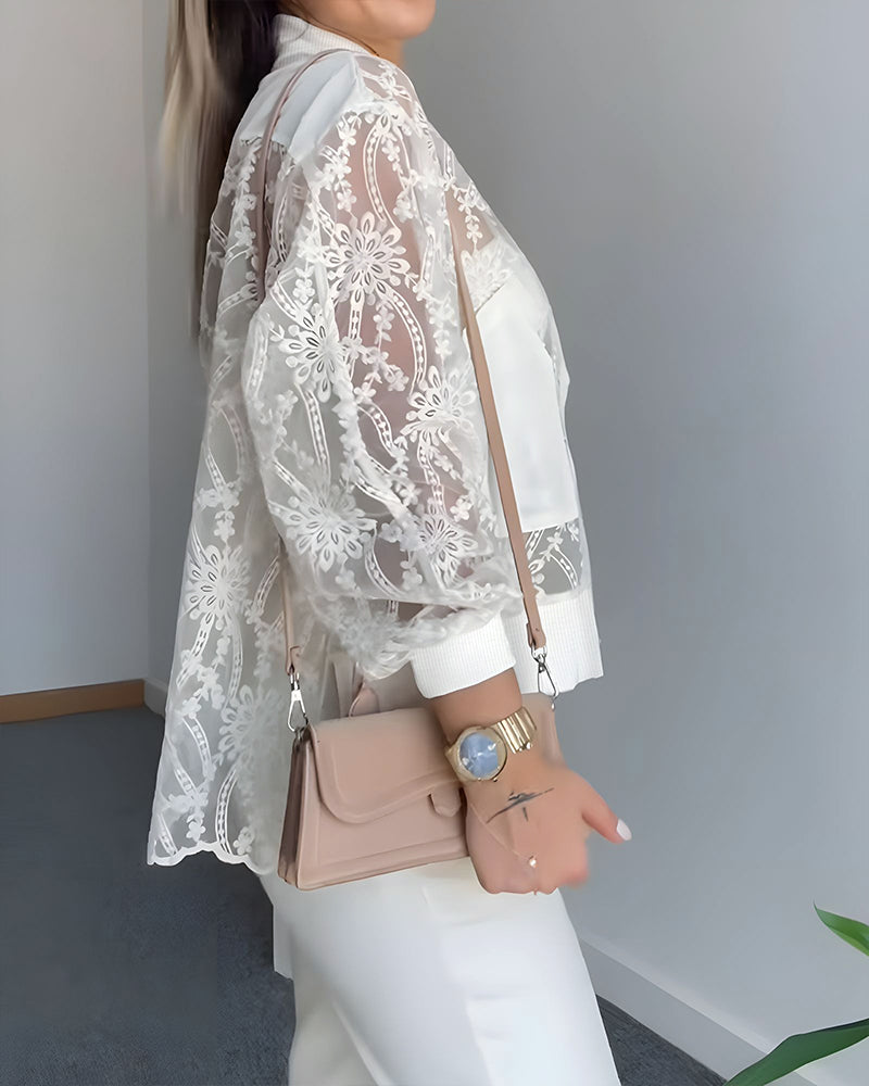Floral Lace Embroidered Mesh Patchwork High-Low Hem Baseball Coat Casual Side Slit Zip Up Bomber Jacket