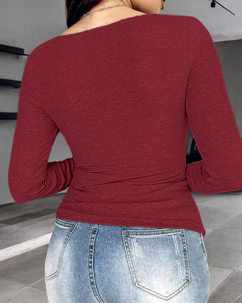 Chicme Built In Bra Notch Neck Long Sleeve Shirts Rib Knit Ruched Waist Top