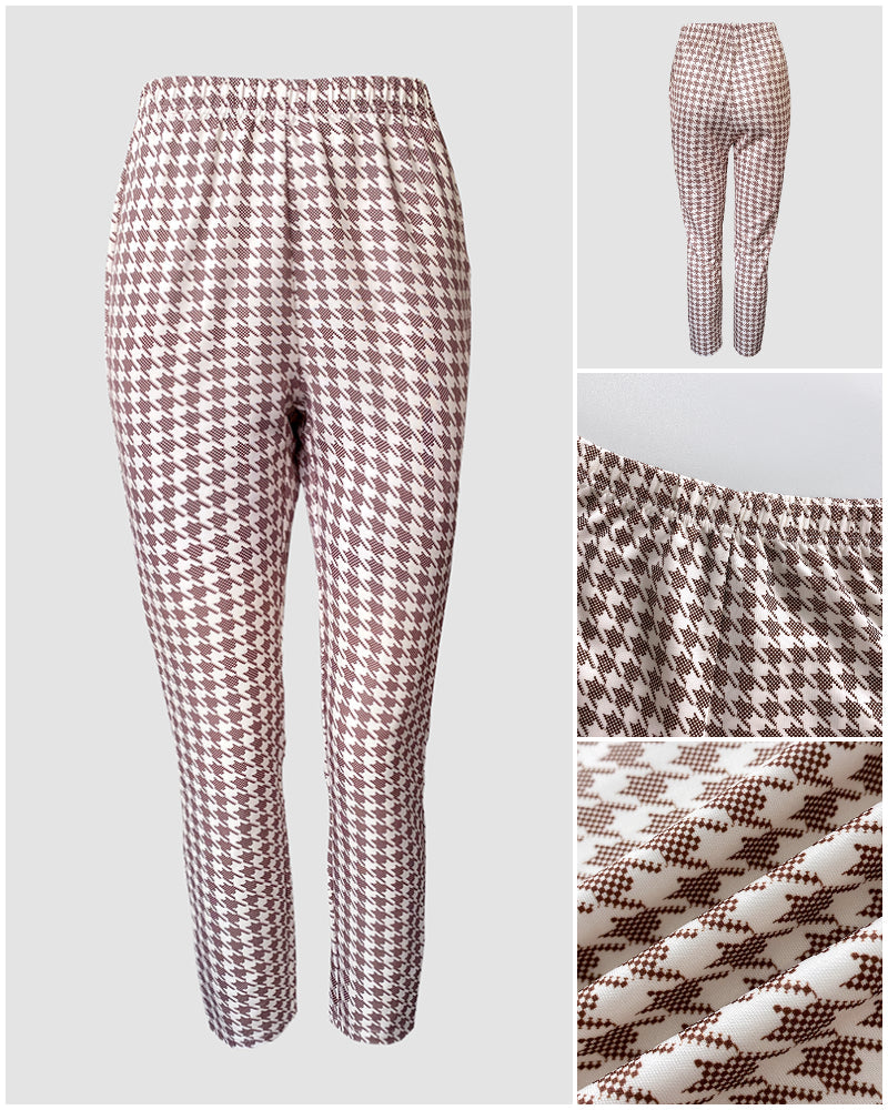 Houndstooth Print Notched Collar Zip Front Flap Detail Corset Slit Coat And Elastic Waist Slim Fit Pants Set Blazer Set