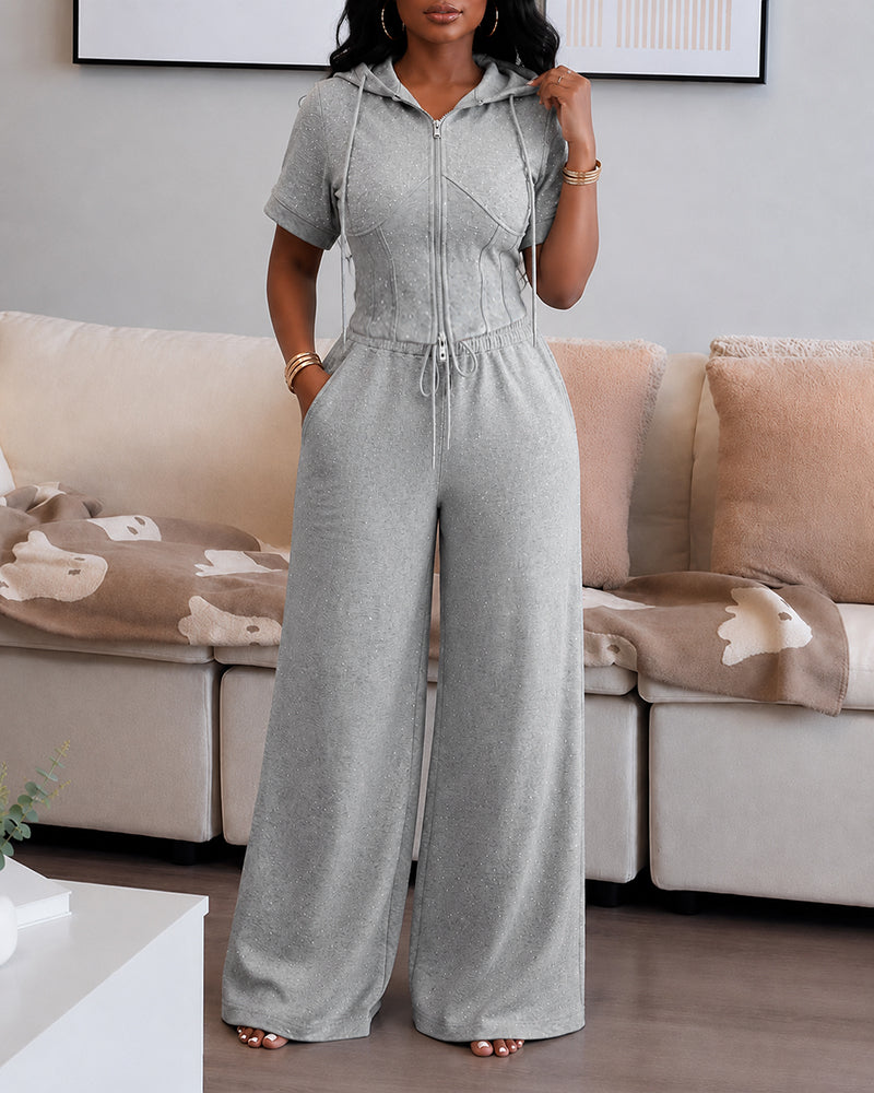 Women's Rhinestone Sweatshirt Set Short Sleeve Hooded Two-Way Zipper Front Crop Top and Wide Leg Sweatpants Set