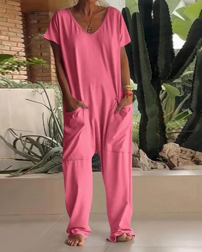 V-Neck High Stretch Tapered Drop-Crotch Casual Jumpsuit With Pockets