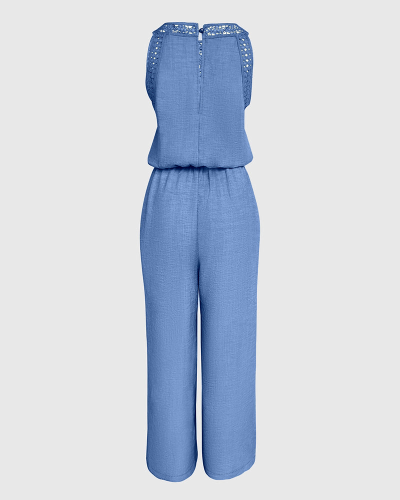 Women's Halter Jumpsuit Lace Trim Backless Overalls Tied Detail Wide Leg Jumpsuit with Pockets