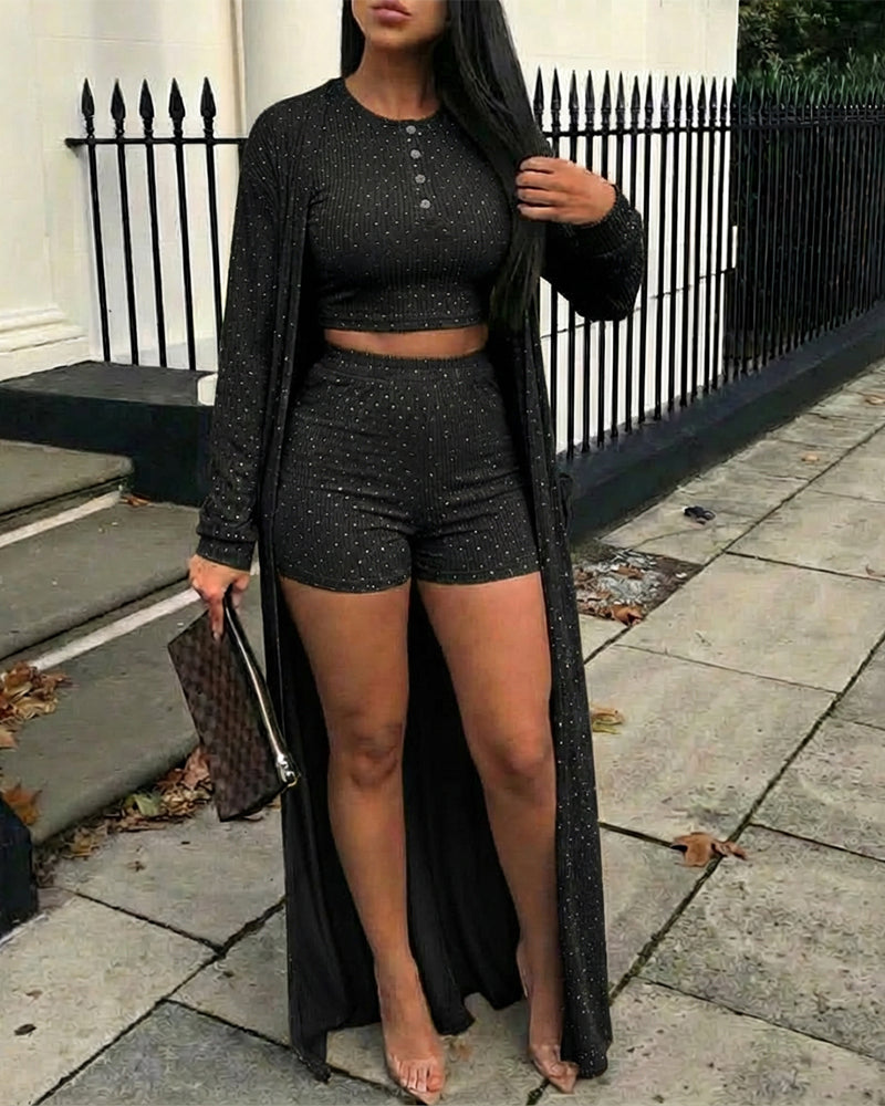 3 Pieces Outfit Henley Sleeveless Half Button Front Crop Tank Top and High Waist Elastic Waist Shorts Set with Longline Cardigan Casual Rhinestone Decor Set