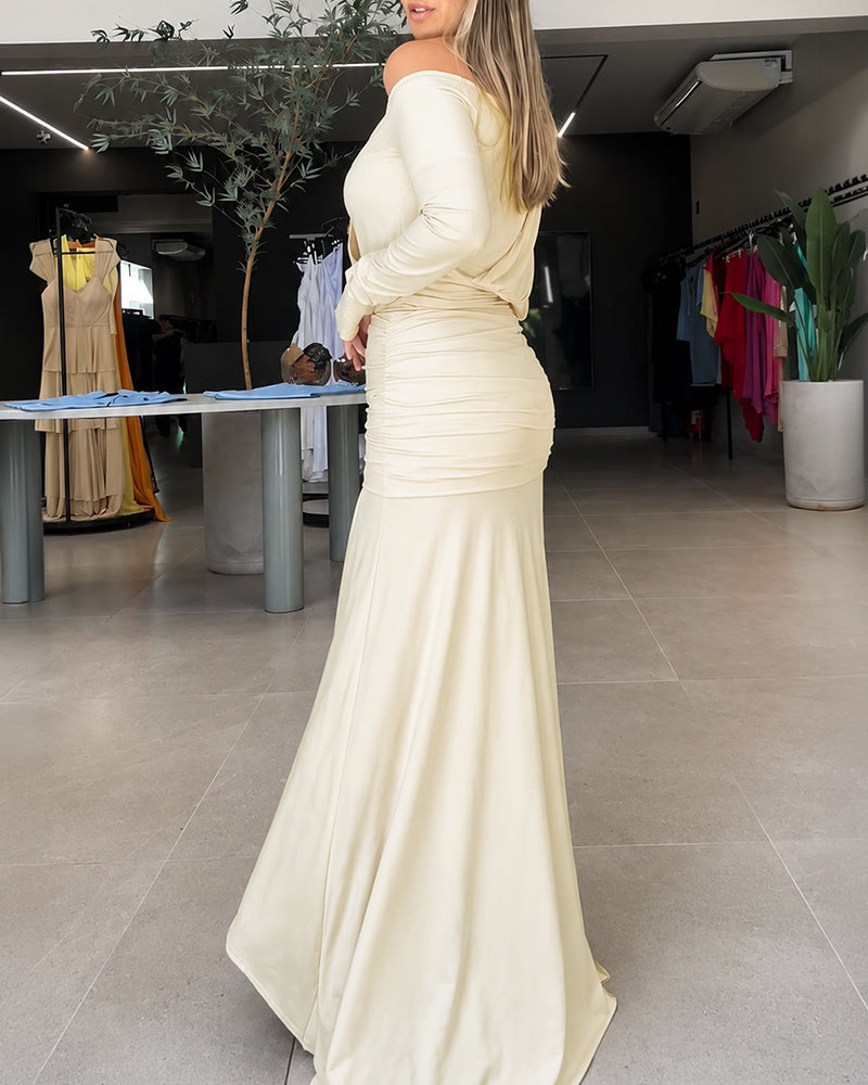 Women's One Shoulder Ruched Maxi Dress Gold Buckle Long Sleeve Evening Gown with Thumb Hole Cuffs