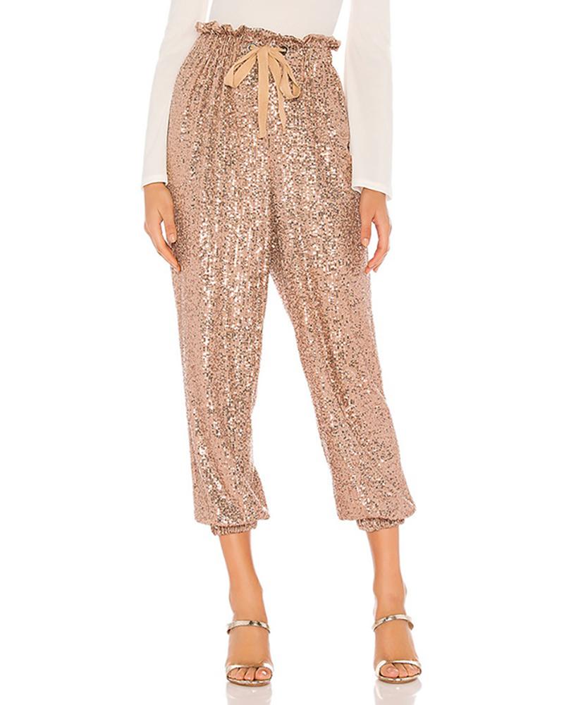 Drawstring Design Allover Shiny Sequins Cuffed Pants Partywear