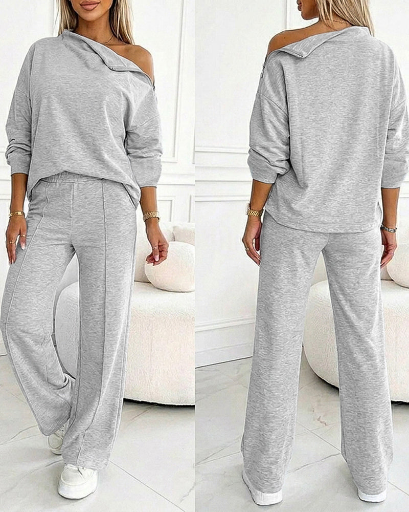Women's 2 Piece Sweatsuit Set Mock Neck Zip Sweatshirt and High Waisted Straight Leg Sweatpants Casual Loungewear