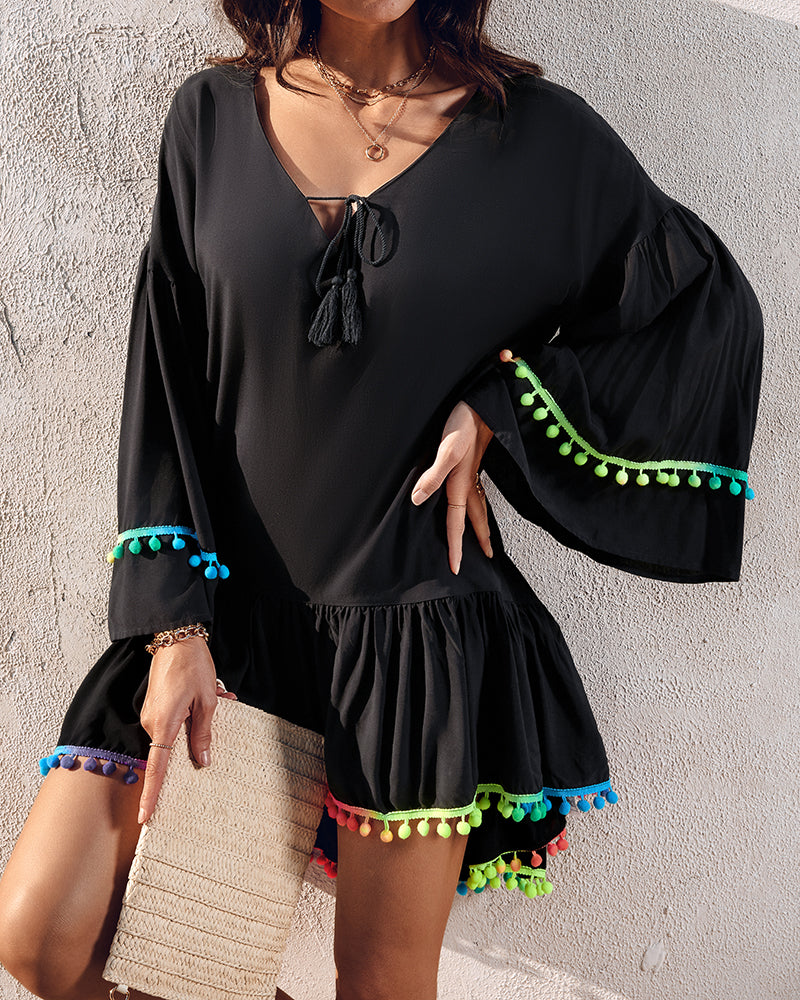 Colorblock V-Neck Bell Sleeve A Line Tassel Mini Dress Vacation Dress
