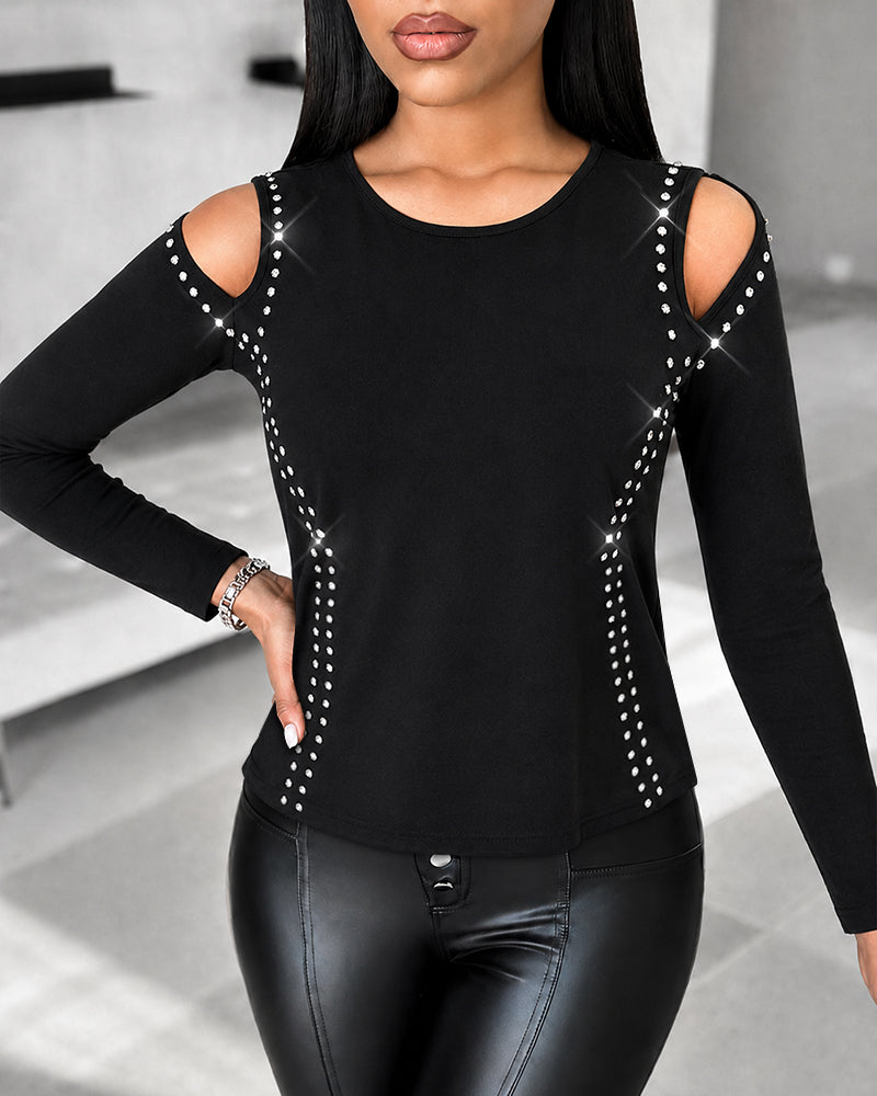 Women's Long Sleeve Top Sparkly Rhinestone Cutout Tee Slim Fit Round Neck T-Shirt