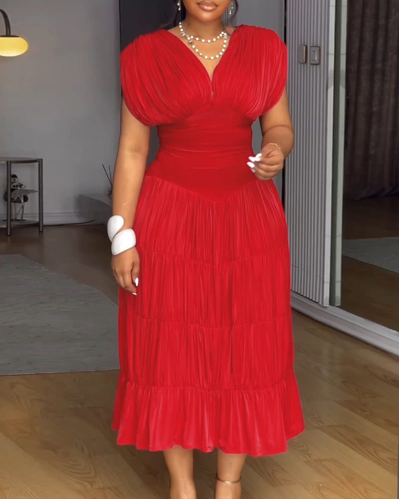 Textured V Neck Sleeveless Ruched Ruffles Hem Dress Casual Waist A Line Party Midi Dress
