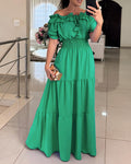 Off Shoulder Short Sleeve Frill Hem Lace Up Dress Casual Strechy Waist Flared Maxi Dress