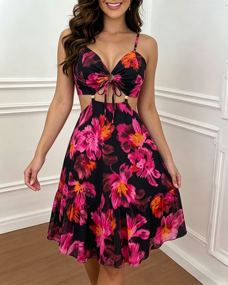 Women's Vintage Floral Print Mini Dress Sexy Sweetheart Neck Cut Out Sundress Backless Ruched A-Line Vacation Dress