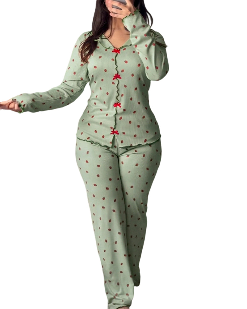 CHICME ESSENCE 2 Pieces Outfit Bowknot Decor Turn-down Collar V-Neck Top and Elastic Waist Slit Hem Pants Set Casual Strawberry Print Frill Trim Ribbed Pajamas Set