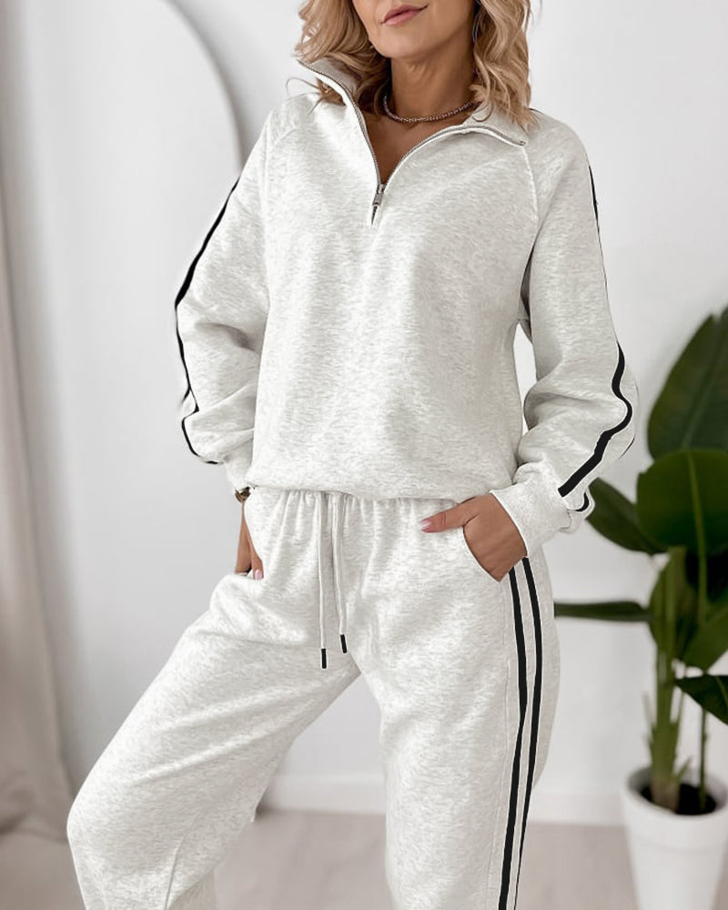 Women's Contrast Side Stripe Two Piece Sweatsuit Half Zip Sweatshirt and High Waisted Joggers Set Casual Tracksuit