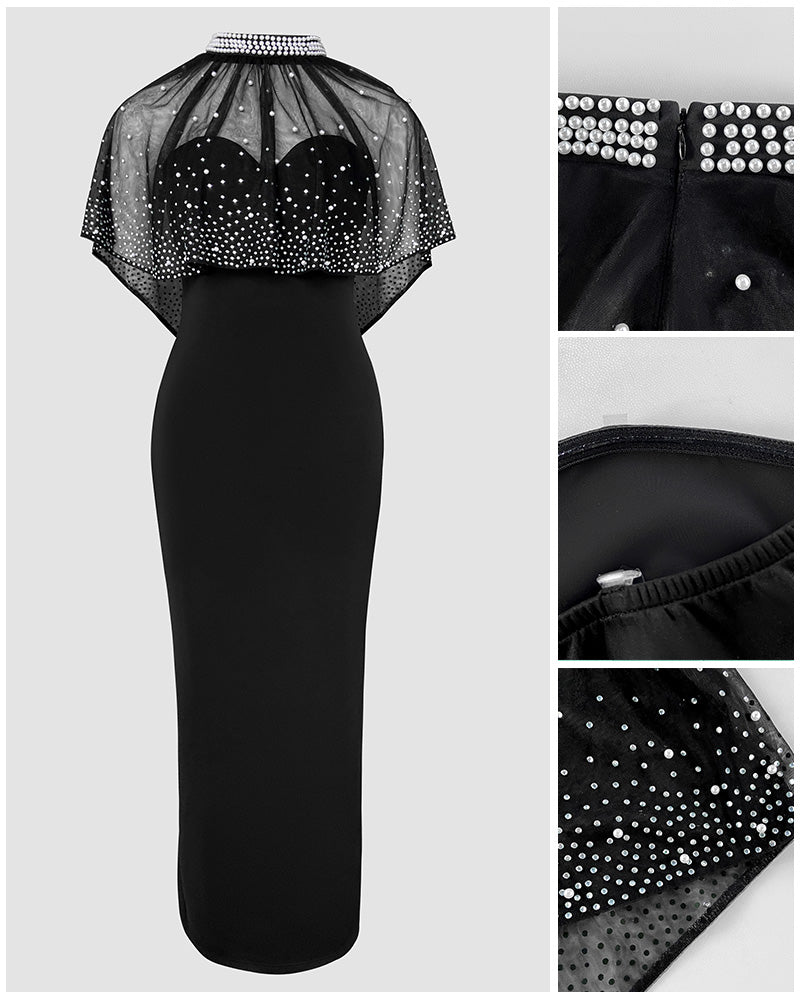2 Pieces Outfit Detachable & Adjustable Spaghetti Straps Zipper Back Slit Slim Fit Maxi Dress and Rhinestone & Pearls Decor High Neck Zipper Back Sheer Mesh Poncho Cape