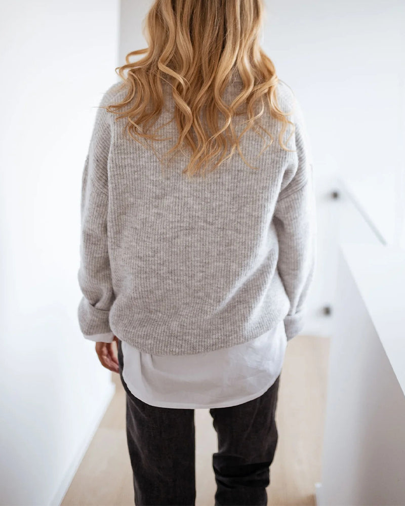 Women's Rib-Knit Polo Sweater V-Neck Collared Long Sleeve Pullover Loose Fit Drop Shoulder Top