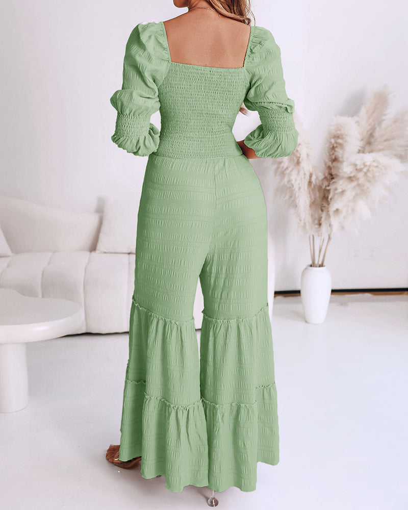 Sweetheart Neck Puff Sleeve Drawstring Front Shirred Overalls Casual Cutout Front Ruffle Hem Wide Leg Jumpsuit