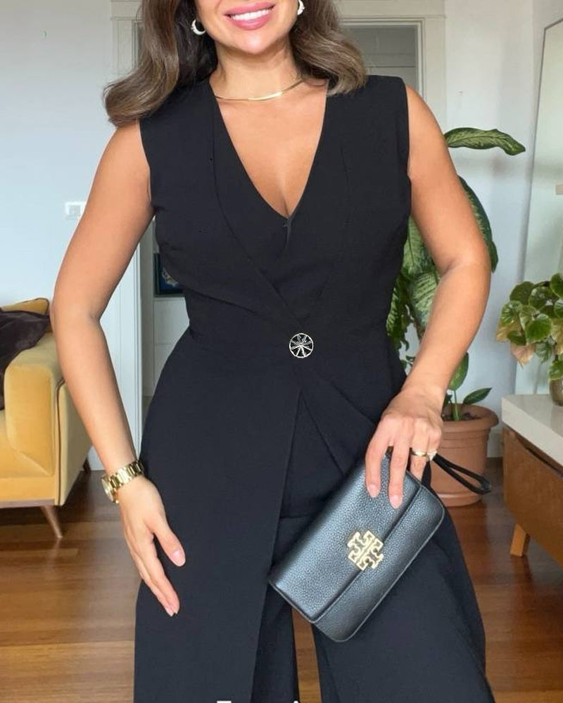 Plunge Sleeveless Button False Two Pieces Wide Leg Jumpsuit