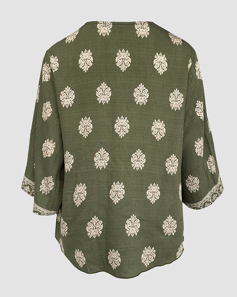 Floral Print V Neck Long Sleeve Blouse Casual Loose Fit Top