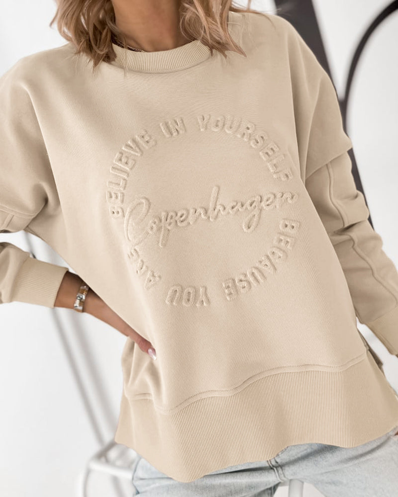 Women's Loose Crewneck Sweatshirt Embossed Letter Print Pullover Top Casual Side Slit Top