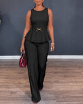 Women's 2 Piece Outfits Sleeveless Peplum Top and Wide Leg Pants Set Elegant Gold Belt Business Work Suits