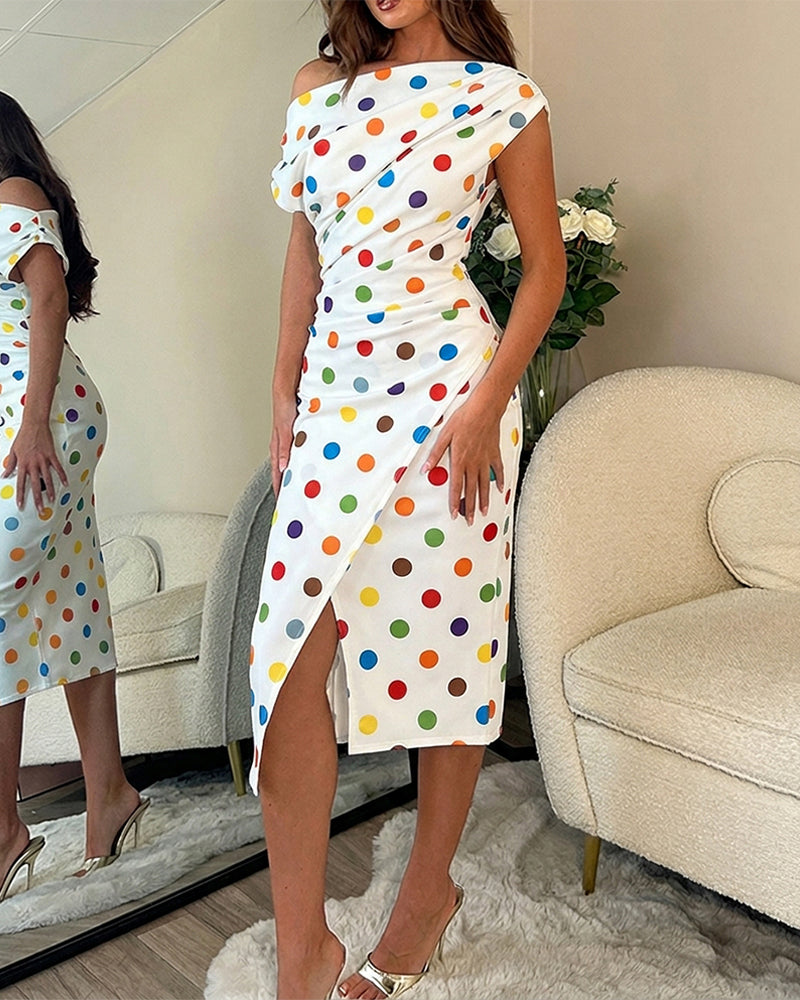 Women's Skew Neck Midi Dress Colorful Polka Dot Ruched Bodycon Dress Elegant Slit French Style Wrap Vacation Dress