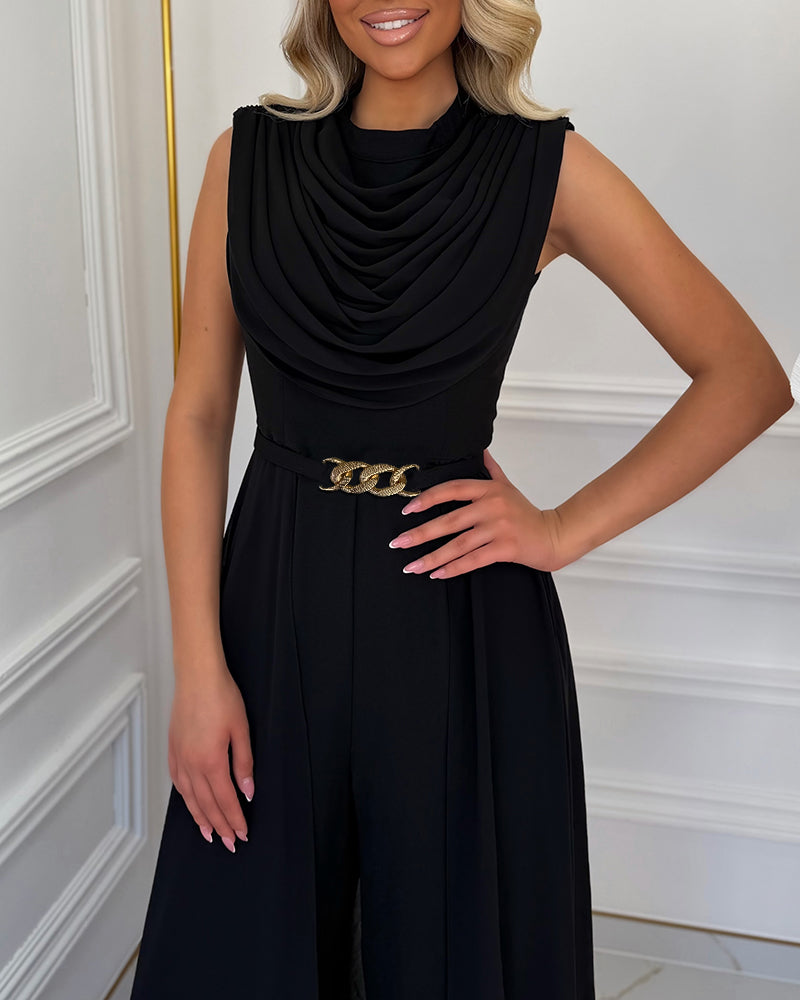 Women's Cowl Neck Wide Leg Jumpsuit High Waist Sleeveless Chiffon Overlay Spliced Evening Overalls with Belt