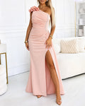 Women's 3D Floral Decor One Shoulder Maxi Dress Elegant Ruched Rhinestone High Slit Mermaid Gown