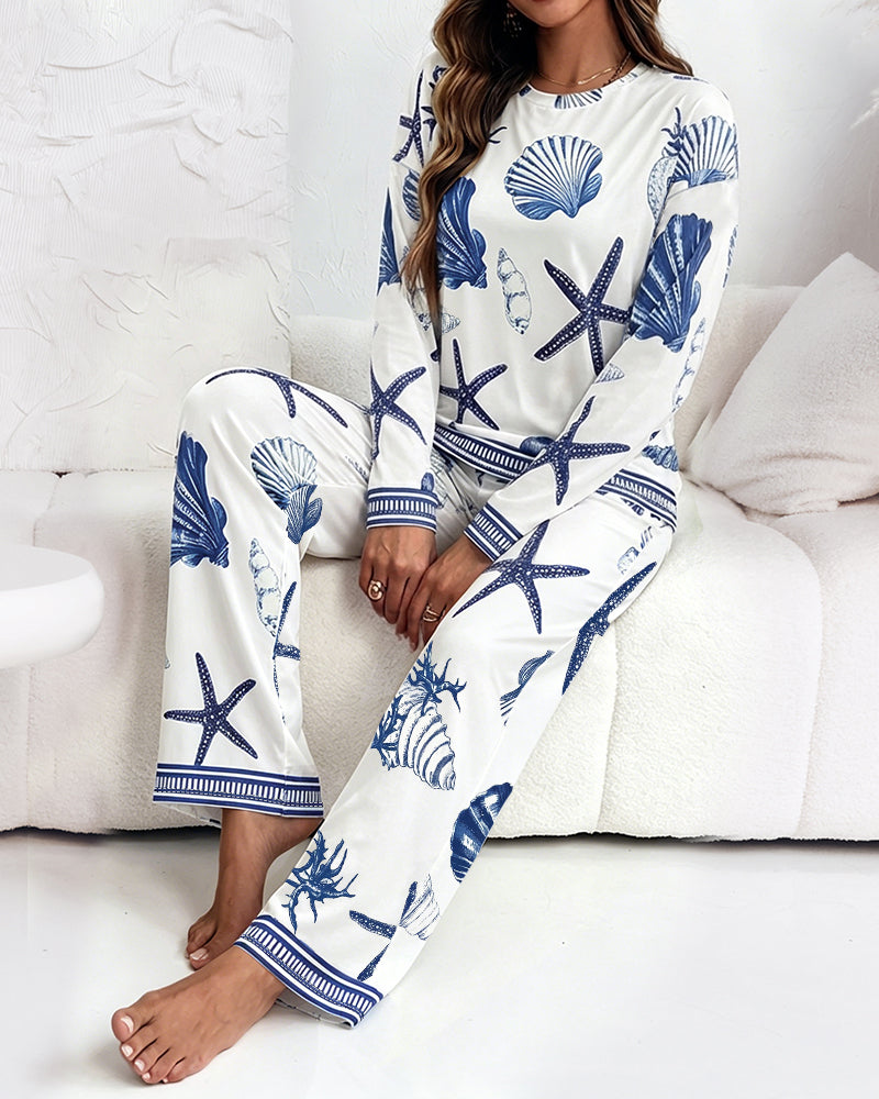 Women's 2 Piece Ocean Style Pajama Set Long Sleeve Top and Wide Leg Pants Casual Lounge Set