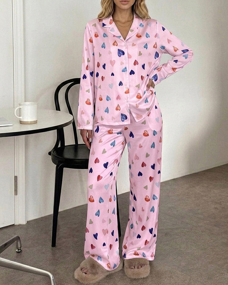 CHICME ESSENCE Women's Colorful Heart Print 2 Piece Pajama Set Long Sleeve Button Down Top and High Waisted Pants Casual Lounge Sets