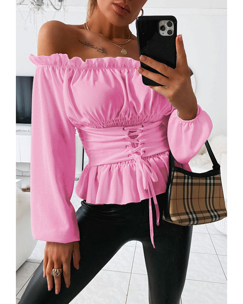 Frill Trim Off Shoulder Long Sleeve Lace-up Front Blouse Casual Shirred Waist Flared Hem Top