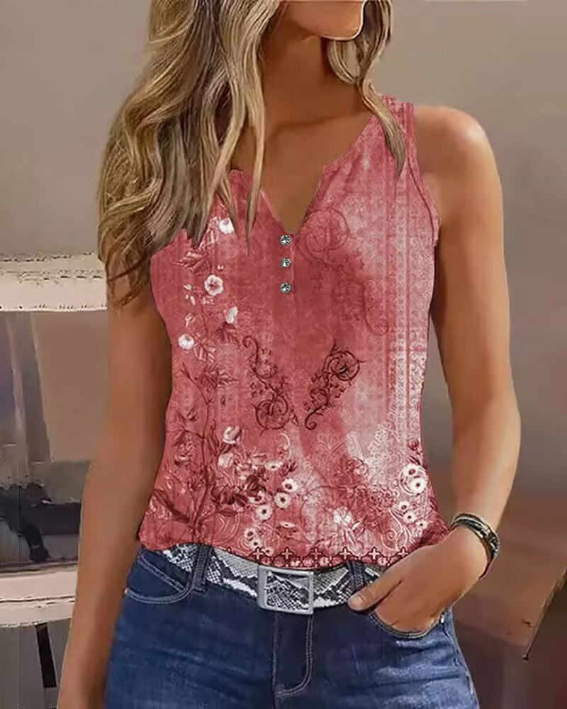 CHICME Women's Casual Floral Print Tank Top Sleeveless Notch Neck Vest with Rhinestone Accents