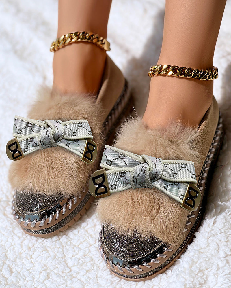 Rhinestone Bowknot Design Platform Fuzzy Slip-On Loafers