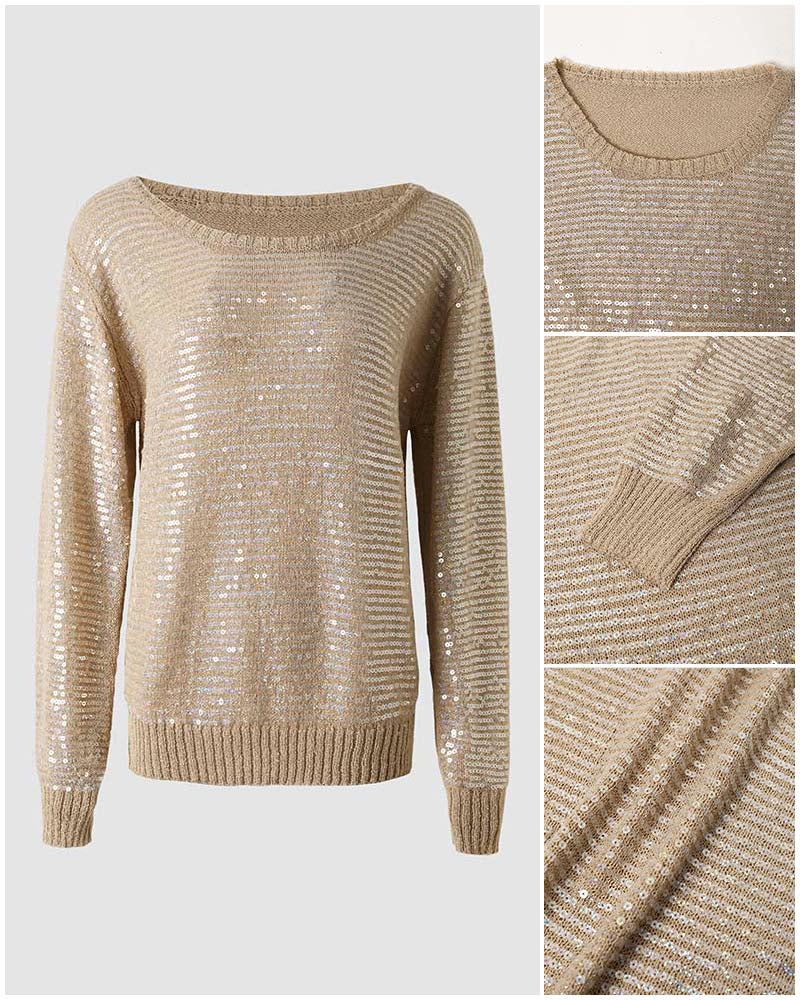 Women's Sequin Knit Sweater Loose Skew Neck Pullover Top Sheer Hollow Out Shimmering Long Sleeve Top