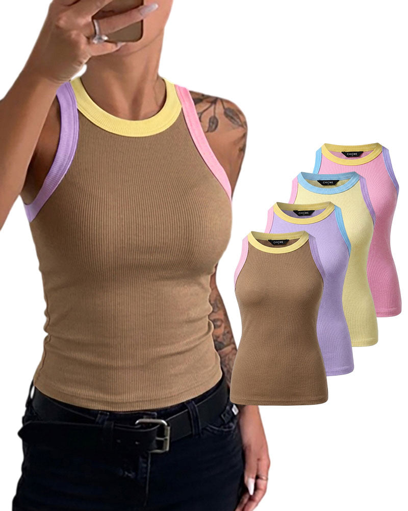 Women's Contrast Trim Ribbed Tank Top Slim Fit Sleeveless Round Neck Basic Camisole for Streetwear & Layering