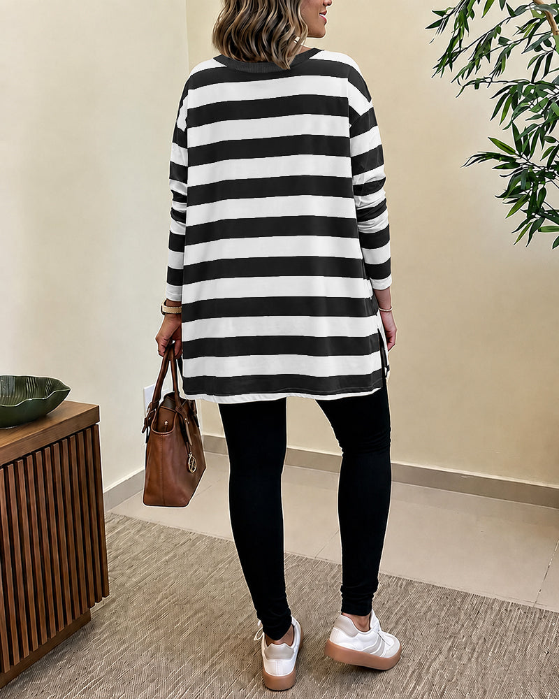 Women's Striped T Shirt Long Sleeve Drop Shoulder Crewneck Tee Side Slit Casual Loose Fit Top